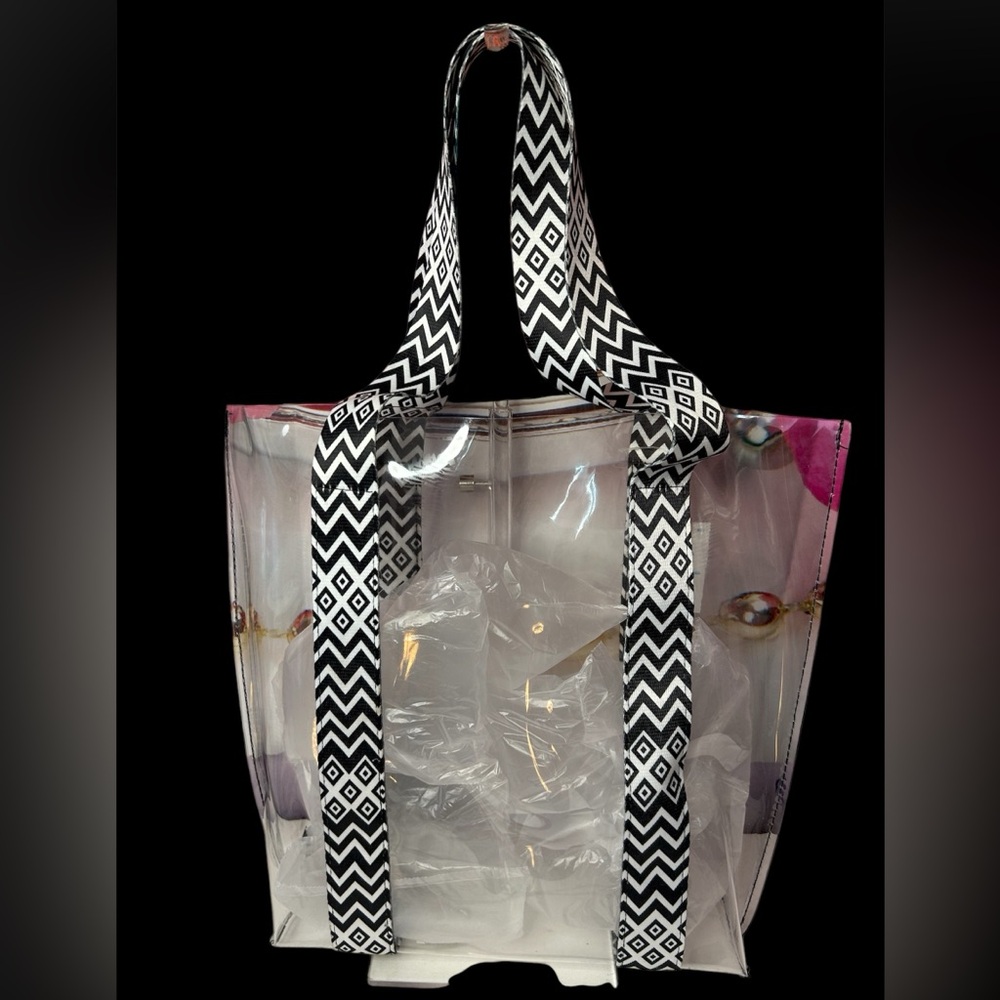 Stylish Transparent Tote Bag with Black and White Straps, NWT.